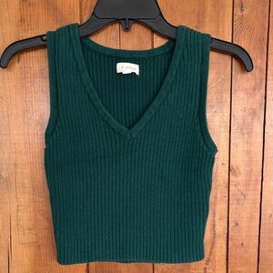 Green Ribbed Knit V-Neck Top